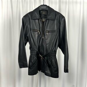 Danier Vintage Black Leather Belted Jacket • Gold Hardware - Cinched Waist